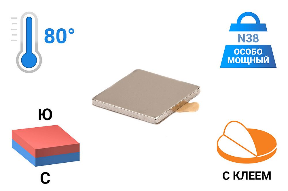 Неодимовый магнит прямоугольник 15х15х1 мм с клеевым слоем в Челябинске